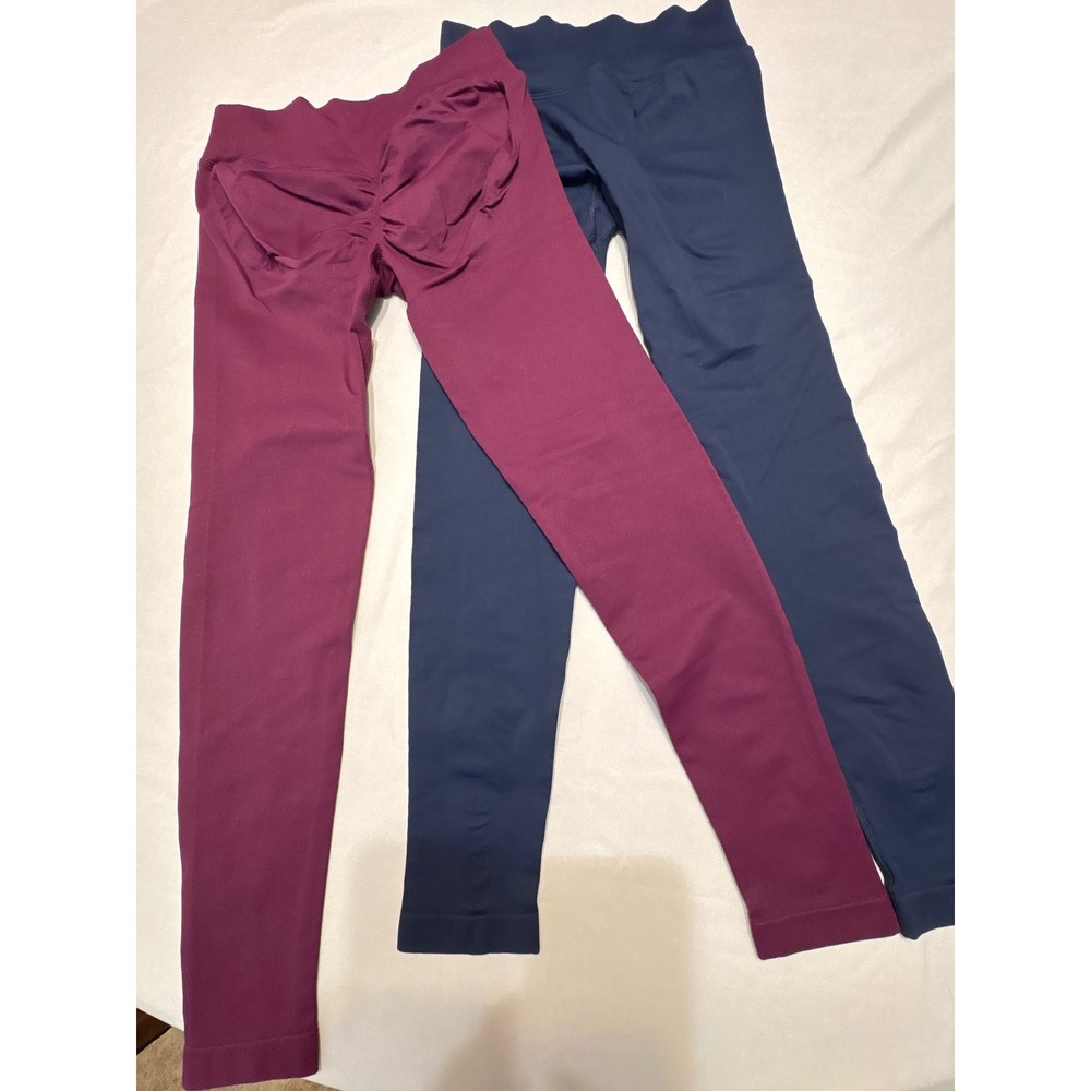 Set of 2 Seamless Scrunch Butt Leggings Navy Burgundy High Waisted Size M